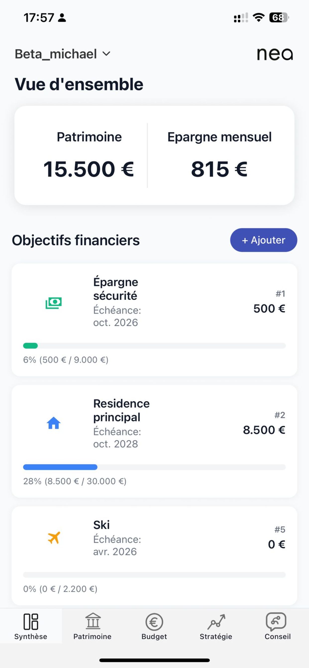 Vue patrimoine: total, risque et répartition