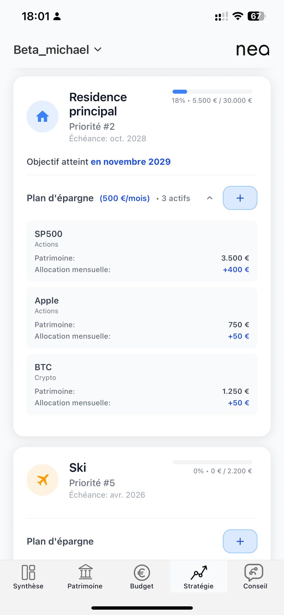 Vue patrimoine détaillée: répartition des actifs et listes